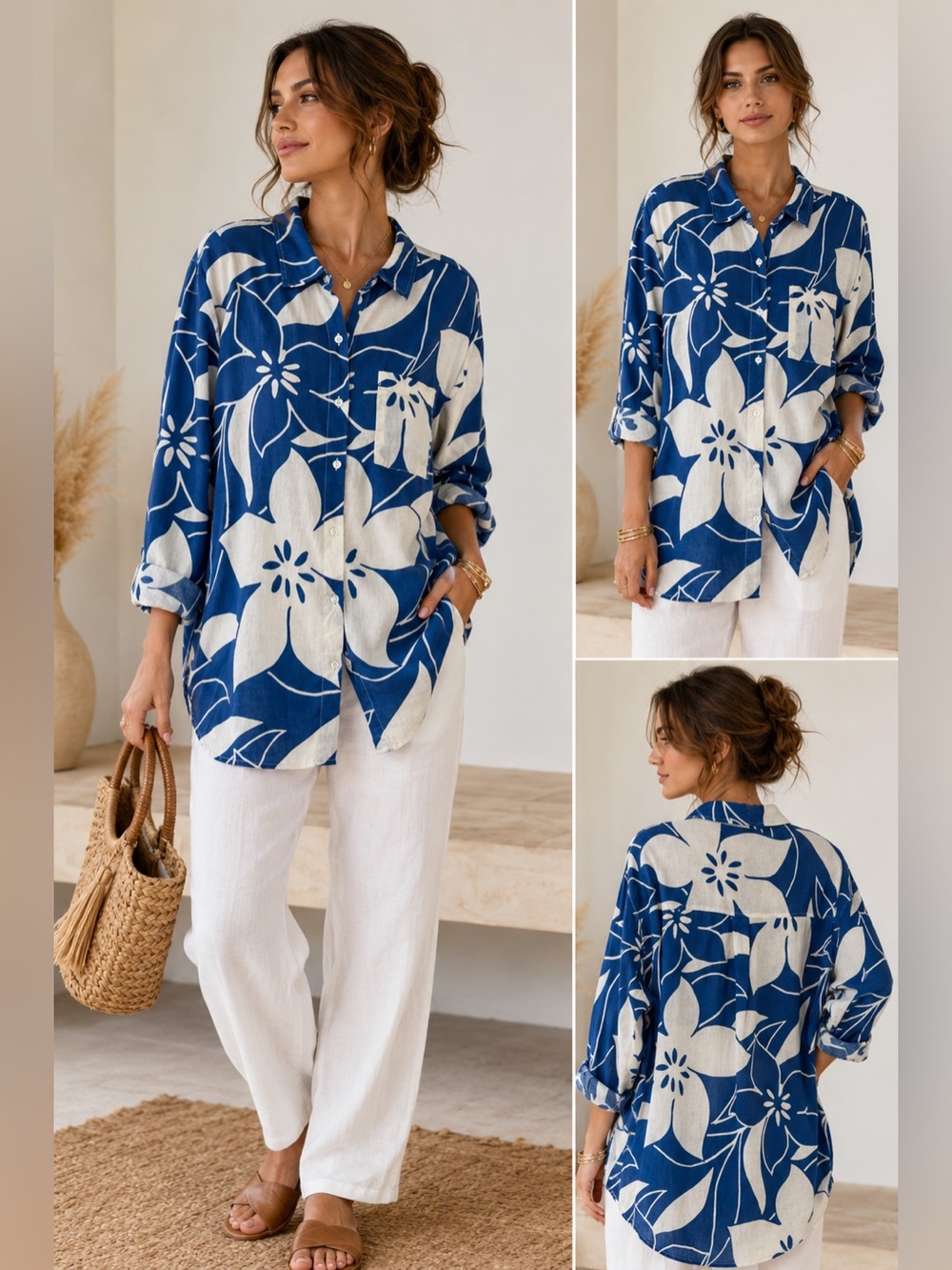 ZSUPPLY Blue & White Linen Blend Floral Button Up Shirt Oversized Beach Coastal